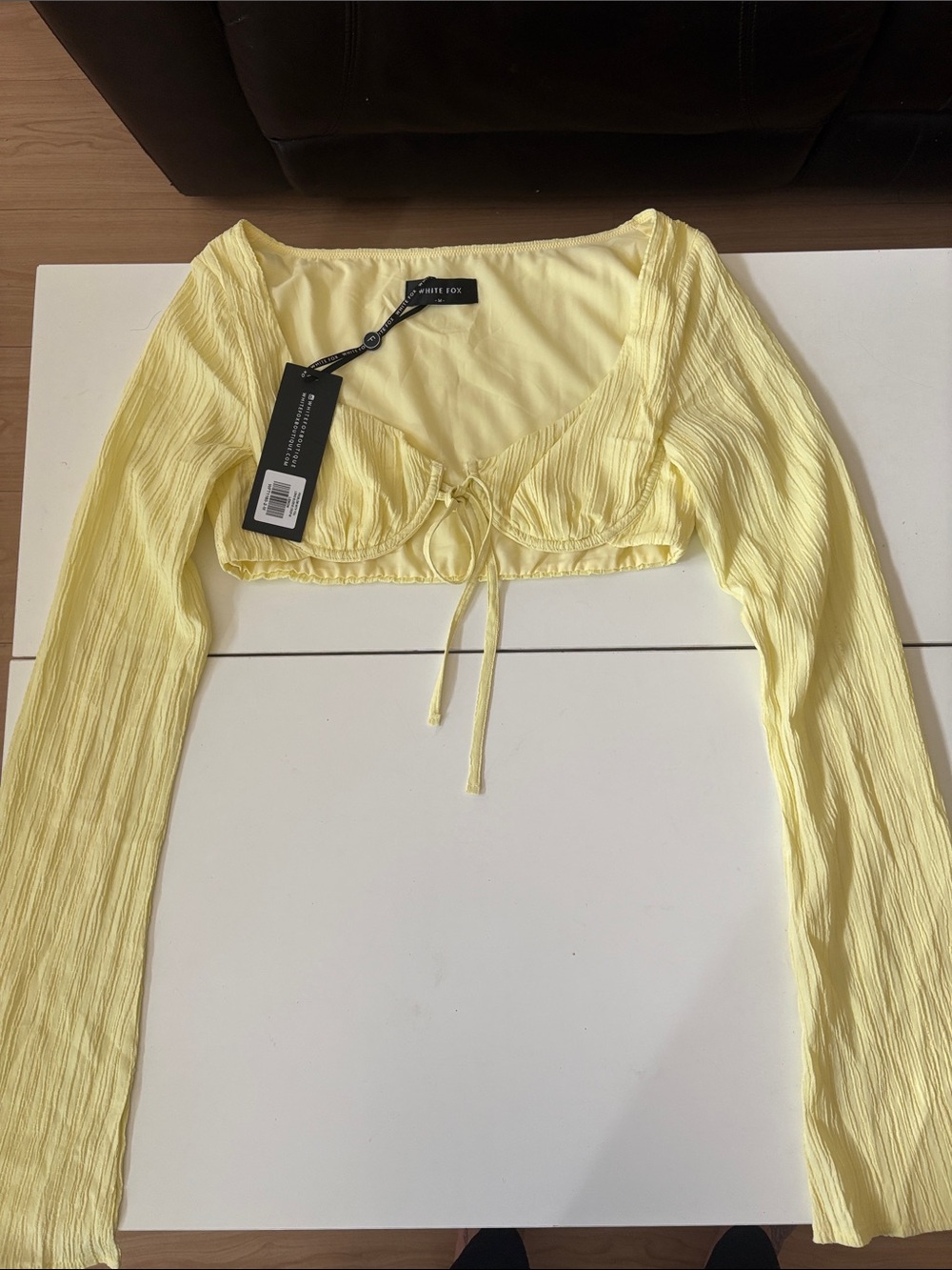 White Fox Boutique Yellow Tie-Front Long Sleeve Crop Top